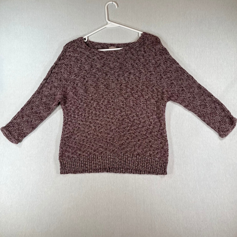 Chicos Top Size 1 Marled Burgundy Metallic Popcorn Knit Boat Neck Sweater Cute